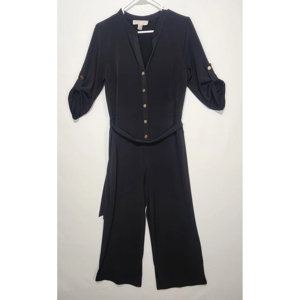 Michael Kors Women's Elegant Classy Minimalist Jumpsuit Belted Black‎ Size M